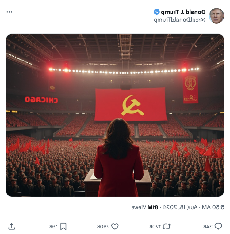 Screenshot of an X post featuring an image of a woman seen from behind speaking to a crowd with a hammer and sickle communist flag hanging above